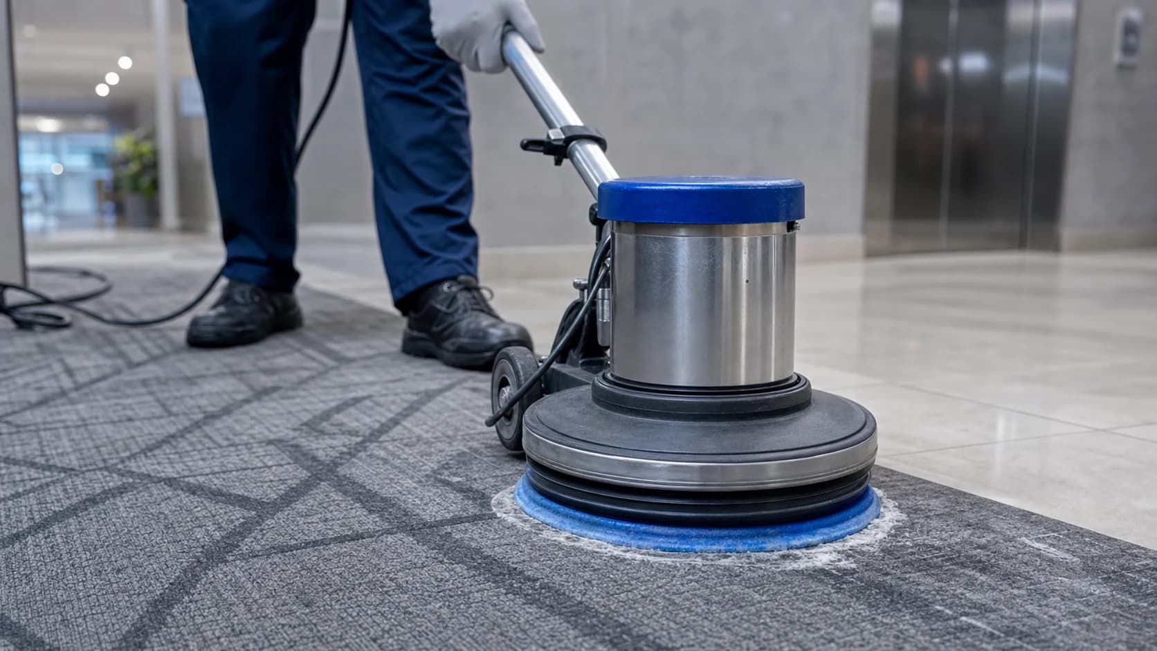 Clean Best technician extracting a traffic lane from carpet tile in an Alexandria studio office NSW