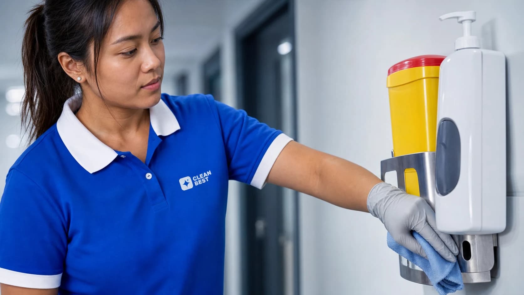 Clean Best cleaner disinfecting a consult room bench in an Alexandria medical practice NSW