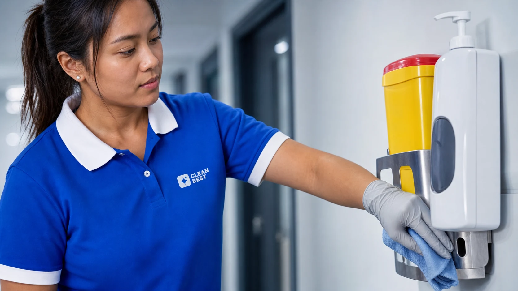 Clean Best cleaner disinfecting a consult room bench in an Alexandria medical practice NSW