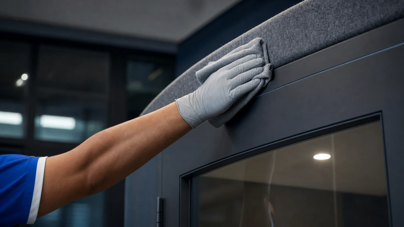 Clean Best cleaner wiping desks in an open-plan warehouse-conversion office in Alexandria NSW