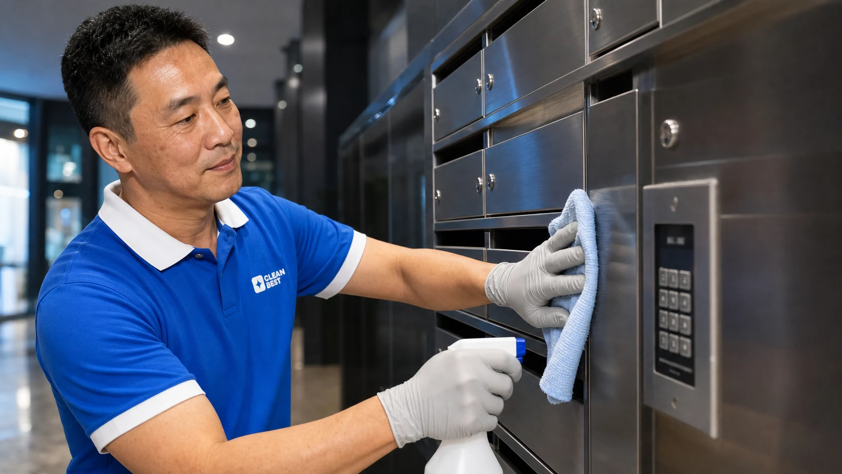 Clean Best cleaner mopping the brick-walled lobby of a warehouse-conversion apartment building in Alexandria NSW